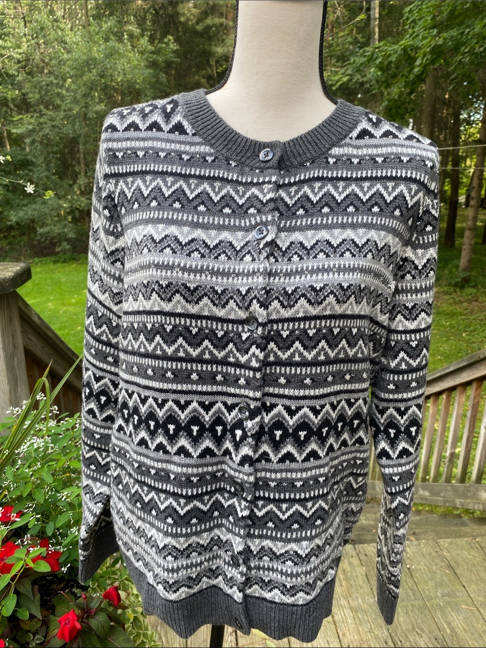 Talbots Gray & Cream Fair Isle Button-Front Cardigan
